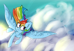 Size: 2000x1400 | Tagged: safe, artist:pointdelta, rainbow dash, pony, g4, cloud, cloudy, female, flying, solo