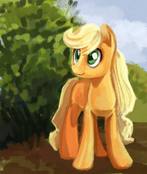 Size: 700x824 | Tagged: safe, artist:maytee, applejack, earth pony, pony, g4, female, hatless, mare, missing accessory, smiling, solo