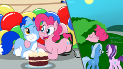 Size: 2560x1440 | Tagged: safe, artist:rupert, pinkie pie, starlight glimmer, trixie, oc, oc:rupert the blue fox, earth pony, fox, fox pony, hybrid, original species, pony, unicorn, series:30 dayz of pinks, g4, balloon, birthday, breaking the fourth wall, bush, butt, cake, dialogue, female, food, furry, furry oc, hug, lying down, mare, non-mlp oc, pinkie being pinkie, plot, ponified, ponified oc, prone, smiling, two toned coat