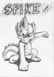 Size: 1656x2336 | Tagged: safe, artist:3500joel, spike, dragon, g4, angry, male, monochrome, signature, solo, traditional art