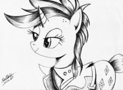 Size: 2238x1651 | Tagged: safe, artist:3500joel, rarity, pony, unicorn, g4, it isn't the mane thing about you, alternate hairstyle, clothes, female, mare, monochrome, punk, raripunk, signature, solo, traditional art