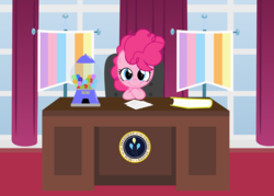 Size: 5182x3700 | Tagged: safe, artist:kuren247, pinkie pie, earth pony, pony, g4, absurd resolution, banner, book, crossed arms, cute, desk, diapinkes, fanart mashup challenge, female, filly, filly pinkie pie, foal, gumball machine, oval office, president, smiling, solo, white house, younger