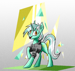 Size: 1360x1288 | Tagged: dead source, safe, artist:akweer, lyra heartstrings, pony, unicorn, fanfic:background pony, g4, abstract background, clothes, dig the swell hoodie, female, hoodie, mare, smiling, solo