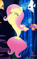 Size: 303x484 | Tagged: safe, screencap, fluttershy, angelfish, butterfly fish, fish, pegasus, seapony (g4), tropical fish, g4, my little pony: the movie, bubble, coral, cropped, cute, dorsal fin, eyes closed, female, fin, fin wings, fins, fish tail, flowing mane, flowing tail, happy, mare, ocean, seaponified, seapony fluttershy, seaquestria, seaweed, shyabetes, smiling, solo, species swap, swimming, tail, throne room, underwater, water, wings