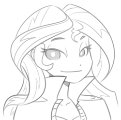 Size: 524x519 | Tagged: dead source, safe, artist:reiduran, sunset shimmer, equestria girls, g4, bust, clothes, cute, female, grayscale, looking at you, monochrome, shimmerbetes, simple background, sketch, smiling, solo, white background