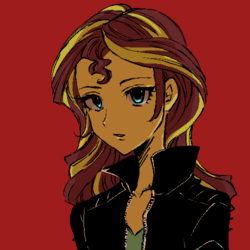 Size: 500x500 | Tagged: safe, artist:weiliy, sunset shimmer, equestria girls, g4, clothes, female, jacket, leather jacket, red background, simple background, solo