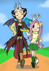 Size: 1280x1868 | Tagged: safe, artist:marionette-j2x, angel bunny, discord, fluttershy, human, g4, clothes, cute, discute, eared humanization, female, horn, horned humanization, humanized, male, one eye closed, ship:discoshy, shipping, shyabetes, straight, sweater, sweatershy, tailed humanization, winged humanization, wings