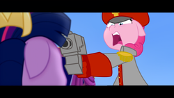 Size: 1920x1080 | Tagged: safe, artist:batonya12561, edit, edited screencap, screencap, pinkie pie, twilight sparkle, alicorn, pony, g4, my little pony: the movie, bolter, commissar, gun, twilight sparkle (alicorn), warhammer (game), warhammer 40k, weapon