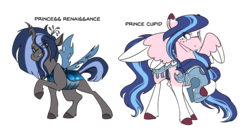 Size: 1600x883 | Tagged: safe, artist:torusthescribe, oc, oc only, oc:cupid, oc:renaissance, changeling, hybrid, pegasus, pony, armor, female, half-siblings, interspecies offspring, male, offspring, parent:queen chrysalis, parent:shining armor, parents:shining chrysalis, simple background, stallion, transparent background