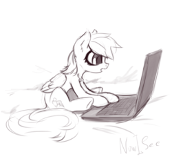 Size: 805x739 | Tagged: safe, artist:inowiseei, rainbow dash, pegasus, pony, g4, computer, cute, dashabetes, female, laptop computer, mare, monochrome, open mouth, simple background, sketch, solo