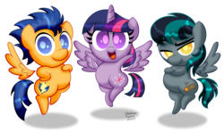 Size: 2532x1506 | Tagged: safe, artist:aleximusprime, flash sentry, twilight sparkle, oc, oc:gryph, alicorn, pegasus, pony, g4, chibi, female, looking at you, male, mare, simple background, smiling, stallion, transparent background, trio, twilight sparkle (alicorn)