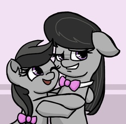 Size: 482x477 | Tagged: safe, artist:plunger, octavia melody, symphonia melody, earth pony, pony, g4, my little pony: the movie, bow, cute, duo, female, floppy ears, gray background, grin, hair bow, hug, lidded eyes, mare, one eye closed, open mouth, pigtails, simple background, sisters, smiling, symphonibetes, tavibetes, wink