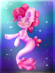 Size: 810x1080 | Tagged: safe, artist:zefirka, pinkie pie, earth pony, pony, seapony (g4), g4, my little pony: the movie, blushing, bubble, chest fluff, crepuscular rays, dorsal fin, ear fluff, eyes closed, female, fish tail, flowing tail, happy, mare, ocean, pink mane, seaponified, seapony pinkie pie, smiling, solo, species swap, sunlight, tail, underwater, water