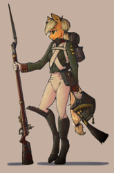 Size: 991x1500 | Tagged: safe, artist:madhotaru, applejack, anthro, g4, backpack, bayonet, boots, clothes, female, gun, hat, military uniform, musket, rifle, shoes, simple background, soldier, solo, uniform, weapon