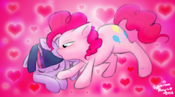 Size: 1800x1000 | Tagged: safe, artist:justagirlonline, pinkie pie, twilight sparkle, earth pony, pony, unicorn, g4, duo, female, kissing, lesbian, mare, prone, ship:twinkie, shipping, unicorn twilight