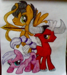 Size: 1173x1312 | Tagged: safe, artist:beetrue, sagittarius (g4), scorpio (g4), taurus (g4), earth pony, pegasus, pony, g4, arrow, bow (weapon), bow and arrow, female, male, mare, ponified, ponyscopes, sagittarius, scorpio, stallion, taurus, traditional art, trio, weapon, zodiac