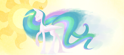 Size: 2300x1020 | Tagged: safe, artist:alphaaquilae, princess celestia, alicorn, pony, g4, cutie mark background, eyes closed, female, magic, mare, raised hoof, solo, sun