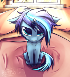 Size: 2100x2300 | Tagged: dead source, safe, artist:bellheller, oc, oc only, pony, unicorn, bed, bedroom, cute, high res, looking up, pillow, sitting, solo, unshorn fetlocks