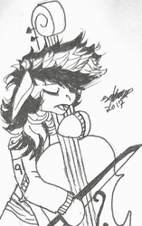 Size: 1621x2579 | Tagged: safe, artist:brainiac, oc, oc only, oc:blackjack, pony, unicorn, fallout equestria, black and white, cello, clothes, compact horn, female, floppy ears, grayscale, horn, inktober, inktober 2017, mare, monochrome, musical instrument, solo, traditional art, windswept mane