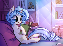Size: 2700x1950 | Tagged: safe, artist:starshinebeast, oc, oc only, oc:opuscule antiquity, pony, unicorn, book, female, library, mare, reading, sitting, solo