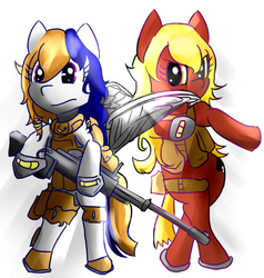 Size: 1538x1616 | Tagged: safe, artist:mr.candy_owo, oc, oc only, oc:blitz ash, oc:buena ricochet, pony, army, female, gun, mare, simple background, weapon, white background