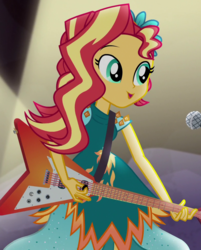 Size: 790x985 | Tagged: safe, screencap, sunset shimmer, equestria girls, g4, my little pony equestria girls: legend of everfree, alternate hairstyle, clothes, cropped, crystal gala, crystal gala dress, dress, electric guitar, female, guitar, legend you were meant to be, microphone, musical instrument, open mouth, solo