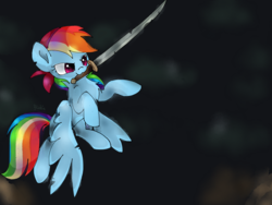Size: 2048x1536 | Tagged: safe, artist:pinkflutter, rainbow dash, pegasus, pony, g4, my little pony: the movie, cute, dashabetes, female, mare, pirate rainbow dash, simple background, smiling, solo, sword, tomboy, weapon