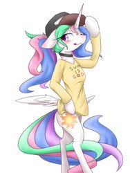 Size: 1200x1600 | Tagged: safe, artist:azurepicker, princess celestia, g4, butt wings, clothes, female, hat, shirt, simple background, solo