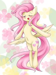 Size: 1200x1600 | Tagged: safe, artist:azurepicker, fluttershy, pony, g4, abstract background, belly button, blushing, butt wings, cute, female, shyabetes, solo