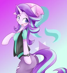 Size: 1200x1300 | Tagged: safe, artist:azurepicker, starlight glimmer, unicorn, anthro, semi-anthro, g4, arm hooves, ass, beanie, blushing, butt, clothes, cute, cutie mark background, dock, equestria girls outfit, female, glimmerbetes, gradient background, hat, mare, solo