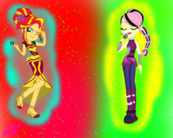 Size: 1948x1560 | Tagged: safe, artist:crazylifeyt, fluttershy, sunset shimmer, equestria girls, equestria girls specials, g4, alternate hairstyle, boots, bracelet, clothes, eyes closed, female, high heels, jewelry, microphone, open mouth, shoes, singing