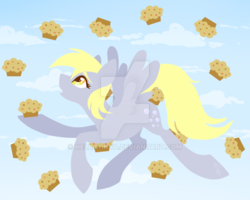 Size: 800x640 | Tagged: safe, artist:hellishnya, derpy hooves, pegasus, pony, g4, female, flying, food, mare, muffin, sky, solo, watermark