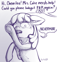 Size: 1177x1280 | Tagged: safe, artist:dsp2003, cheerilee, pinkie pie, earth pony, pony, g4, chest fluff, comic, crying, ear fluff, female, frog (hoof), inktober, mare, monochrome, nevermore, offscreen character, parody, scared, single panel, sketch, spooky, the raven, underhoof