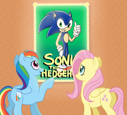 Size: 3000x2700 | Tagged: safe, artist:silentrosysunrise, fluttershy, rainbow dash, pegasus, pony, g4, butt, cinema, crossover, fanart mashup challenge, high res, looking up, male, movie poster, plot, sonic the hedgehog, sonic the hedgehog (series), thumbs up