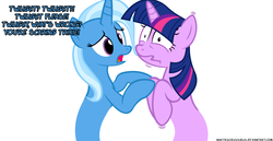 Size: 1052x541 | Tagged: safe, artist:navitaserussirus, trixie, twilight sparkle, asktwixiegenies, g4, cropped, female, lesbian, ship:twixie, shipping