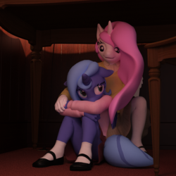 Size: 1600x1600 | Tagged: safe, artist:tahublade7, princess celestia, princess luna, alicorn, anthro, plantigrade anthro, g4, 3d, chair, clothes, comforting, crossed arms, daz studio, desk, female, filly, floppy ears, hiding, mare, pink-mane celestia, royal sisters, s1 luna, sad, sitting, smiling, woona, younger