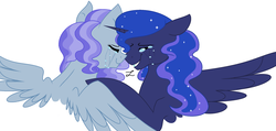 Size: 1023x488 | Tagged: safe, artist:ficklepickle9421, princess luna, oc, oc:winter lily, alicorn, pony, g4, alicorn oc, crying, female, magical lesbian spawn, maternaluna, mother and daughter, motherly, motherly love, offspring, parent:oc:snowdrop, parent:princess luna, parents:canon x oc
