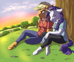Size: 2400x2000 | Tagged: safe, artist:shimazun, applejack, rarity, spike, dragon, earth pony, unicorn, anthro, g4, angry, clothes, crying, female, high res, mare, photo, scar, tree