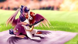 Size: 1920x1080 | Tagged: safe, artist:cosmalumi, oc, oc only, pegasus, pony, unicorn, acoustic guitar, eyes closed, female, gift art, guitar, male, mare, musical instrument, singing, smiling, stallion