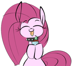 Size: 604x557 | Tagged: safe, artist:hattsy, pinkie pie, earth pony, pony, g4, collar, cupcake, cute, eating, eyes closed, food, pinkamena diane pie, spiked collar, tongue out