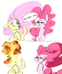 Size: 2023x2415 | Tagged: safe, artist:hattsy, fluttershy, pinkie pie, pony, g4, colored sketch, comic, decapitation, exploding head, explosion, female, grin, high res, mare, smiling