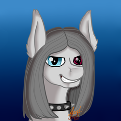 Size: 1000x1000 | Tagged: safe, artist:auntrude, oc, oc only, pony, bust, choker, female, grin, heterochromia, portrait, signature, smiling, spiked choker