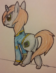 Size: 2064x2648 | Tagged: safe, artist:twitchy-tremor, oc, oc only, oc:littlepip, pony, unicorn, fallout equestria, butt, clothes, fanfic, fanfic art, female, high res, jumpsuit, mare, pipbuck, plot, simple background, solo, stable 2, stable-tec, traditional art, vault suit