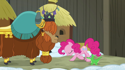 Size: 1280x720 | Tagged: safe, screencap, gummy, pinkie pie, prince rutherford, pony, yak, g4, not asking for trouble, cloven hooves, female, male