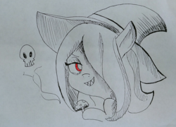 Size: 1610x1162 | Tagged: safe, artist:tjpones, earth pony, pony, bust, grin, hat, hoof hold, inktober, little witch academia, mushroom, partial color, ponified, red eyes, sharp teeth, skull, smiling, solo, sucy manbavaran, teeth, traditional art, witch, witch hat
