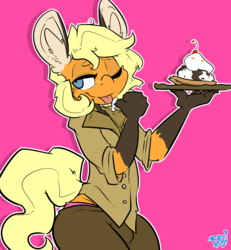 Size: 1085x1176 | Tagged: safe, artist:bbsartboutique, oc, oc only, oc:blank leaves, earth pony, fox, fox pony, hybrid, original species, pony, anthro, clothes, food, licking, male, sundae, tongue out