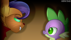 Size: 1400x800 | Tagged: safe, artist:lennonblack, capper dapperpaws, spike, abyssinian, cat, dragon, anthro, g4, my little pony: the movie, bedroom eyes, clothes, fangs, grin, lidded eyes, looking at each other, seductive, seductive look, sexy, shipping war, smiling, stupid sexy capper