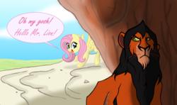 Size: 1024x605 | Tagged: safe, artist:thelastalicorn, fluttershy, big cat, lion, pegasus, pony, g4, crossover, disney, fanart mashup challenge, moments before disaster, pride rock, scar (the lion king), the lion king, this will end in death, this will end in tears, this will end in tears and/or death, too dumb to live