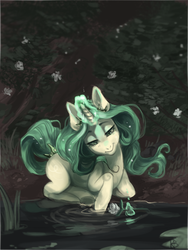 Size: 501x667 | Tagged: safe, artist:kingbalberith, oc, oc only, pony, unicorn, female, flower, glowing horn, horn, lidded eyes, magic, mare, smiling, solo, telekinesis, water