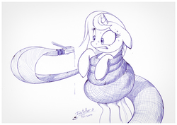 Size: 1073x759 | Tagged: safe, artist:sherwoodwhisper, oc, oc only, oc:eri, pony, snake, unicorn, animate object, cable, coils, constriction, ethernet, female, filly, inktober, inktober 2017, monochrome, traditional art